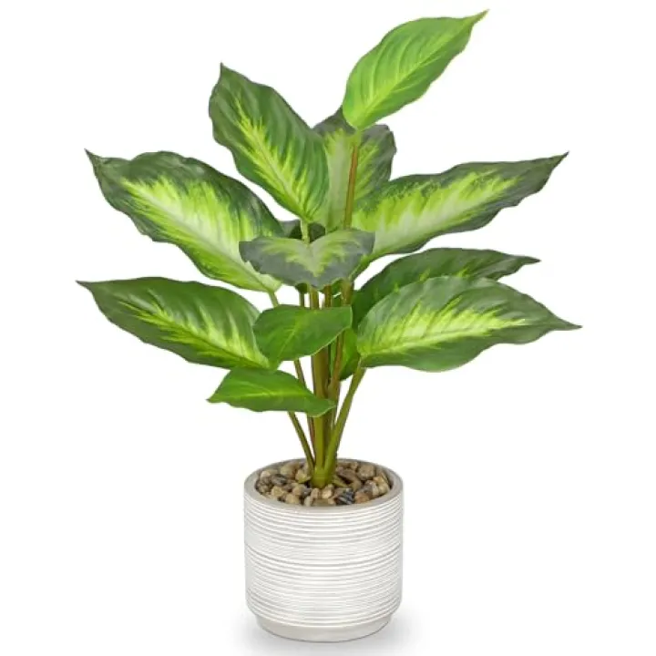 Small Fake Plants Indoor 14.5 Inch Potted Plant Artificial Decor 12 Leaves Faux Plant with Cement Pot Silk House Plants for Home Office Bathroom Kitchen Farmhouse Table Centerpieces Shelf Decor