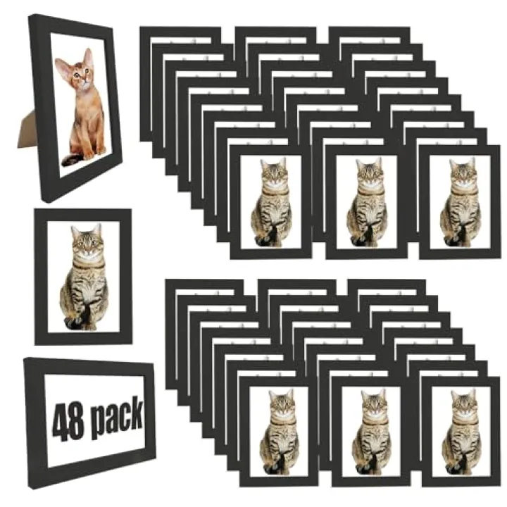 WHEATHUSK Set of 48 Picture Frames 5x7 Bulk Black Photo Frame 5 x 7 Gallery Wall Collage Photo Frames Simple Wooden Multi Picture Frames for Wall or Tabletop Display Photos, Paintings, Artwork