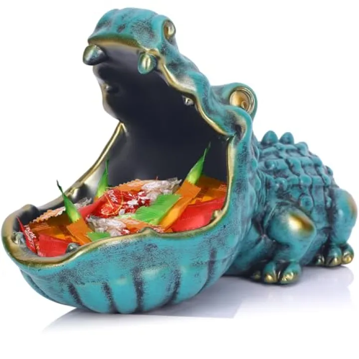 LCCCK Crocodile Candy Dish, Fun Crocodile Statue Key Bowl for Entryway Table, Green Big Mouth Sculpture Weird Animal Hippo Candy Bowl - for Office Entry Way Table Art Sundries Container Storage Box