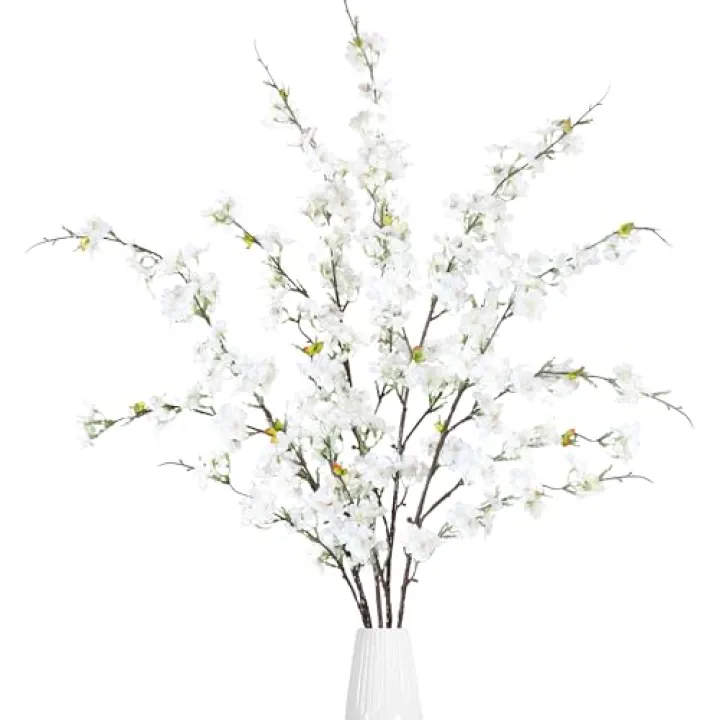 Sggvecsy Artificial Cherry Blossom Flowers 4 Pcs Faux Cherry Blossom Stems Faux Silk Cherry Blossom Branches 43’’ Fake Flowers Long Stems for Vase Arrangements Home Wedding Table Decor (White)