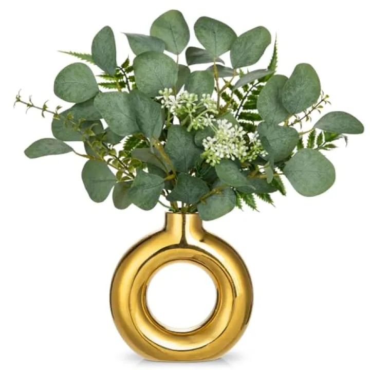 Artificial Eucalyptus Stems in Ceramic Vase 14.23" Fake Eucalyptus Plant Decor Gold Donut Vase with Greenery Centerpiece Table Decorations Small Faux Green Plant for Home Farmhouse Wedding Table Decor