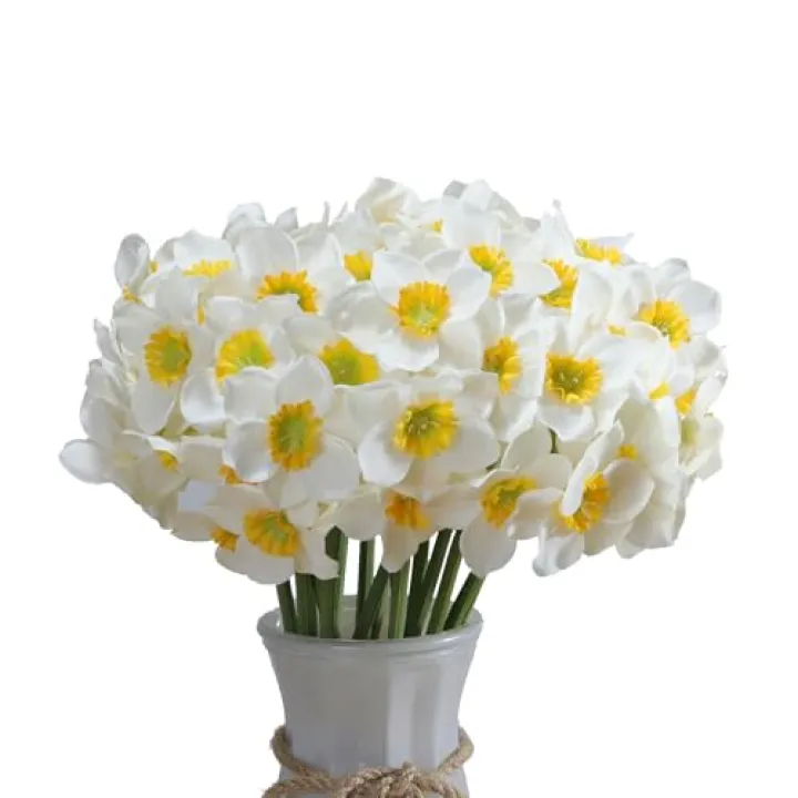 Meadey Artificial Flower Daffodil Silk Flowers Bouquet,12 Pcs,Decorative Home and Office Accent (White)