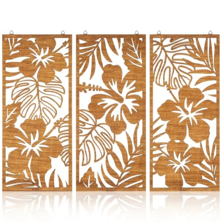 Threehoney 3 Pcs Tropical Wall Decor 3d Wooden Palm Leaf Wall Art Monstera Sculptures Wood Hibiscus Flowers Hanging Decor Vintage Plant Plaque for Home Bathroom 7.09 x 15.75 Inch(Classic Style)