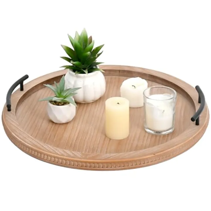 SwallowLiving 18Inch Brown Wooden Beaded Serving Tray with Handle Decorative Rustic Tray for Coffee Table Farmhouse Round Trays for Kitchen, Living Room and Bedroom