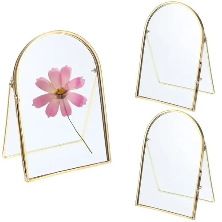 JUXYES 3 Pack Tabletop Double Glass Brass Frame for Pressed Flowers, Arch Double Sided Glass Frame Gold Floating Artwork Display Frames for Photo, Picture, Dried Pressed Flower, etc, 4x6 Inches