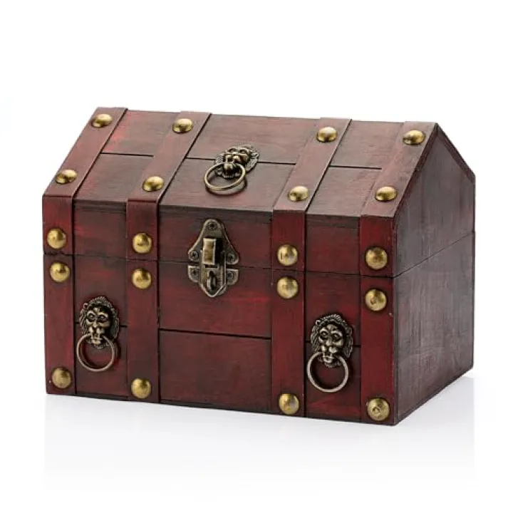 ELLDOO Vintage Treasure Chest Box, Pirate Keepsakes Box for Kids Gifts Pirate Theme Party, Wooden Treasure Storage Box Decorative Box for Jewelry Pearl Trinkets, Vintage Red