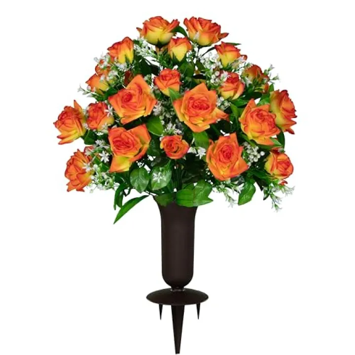 Sympathy Silks Artificial Cemetery Flowers - Gravesite Flowers - Orange Diamond Roses with Baby's Breath - (1) Bouquet (1) Cemetery Vase