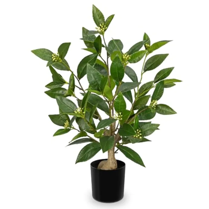 Briful Fake Plants 18.8'' Tall Artificial Plants Indoor Decor, Faux Bay Laurel Plant with Flowers in Black Pot, Floor Plant Houseplant for Home Farmhouse Outdoor Patio Porch Decorations