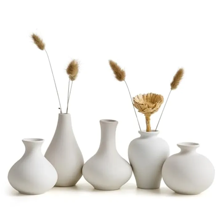 AWNR Bud Vases Home Decor: 5pcs Small Vases for Flowers White Ceramic Vase Centerpiece Table Decorations Minimalist Vases Bulk for Dining Room Kitchen