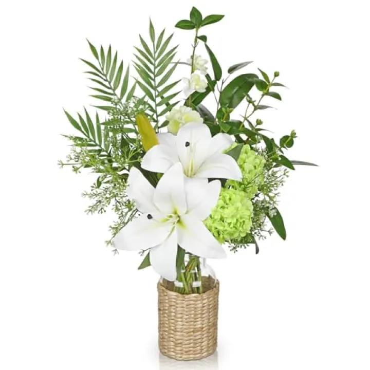 Hollyone Fake Flowers with Vase, Easter Lily Flowers, White Silk Tiger Lily and Hydrangea Artificial Flowers in Vase, Faux Plants and Flowers Arrangement Bouquets for Table Centerpieces Home Decor