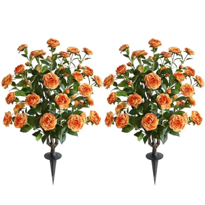 OAZALDA Artificial Camellia Flower Plants Artificial Tree, 【 2 Pack 】 Faux Floral Plant Blooming Camellia 36 Inch with Orange Blossom Indoor Outdoor Decoration
