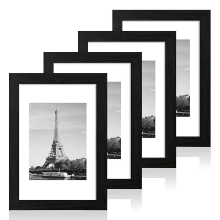 iRahmen 8x12 Picture Frame Set of 4 with HD Glass, Black Frame Display 6x8 Picture with Mat or 8 x 12 Without Mat, Wood Rustic Photo Frame for Tabletop and Wall Mounting