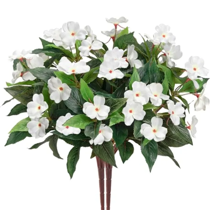 Uqueeten Fake Flowers Artificial Flowers for Outdoor,Artificial Plant Artificial Impatiens Bouquet Flowers for Outdoors Decoration,Silk Spring Artificial Plants for Outdoors Indoor Decor 2PCS (White)