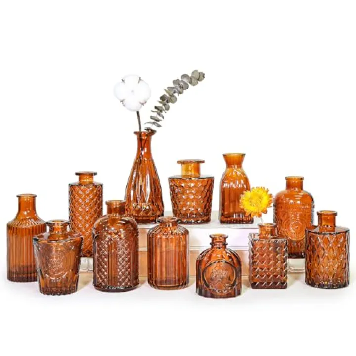 SUPMIND 12Pcs Glass Bud Vase Set, Small Dark Brown Flower Vase for Centerpieces, Bud Vases in Bulk, Mini Vintage Vase for Rustic Wedding Decorations（Amber）