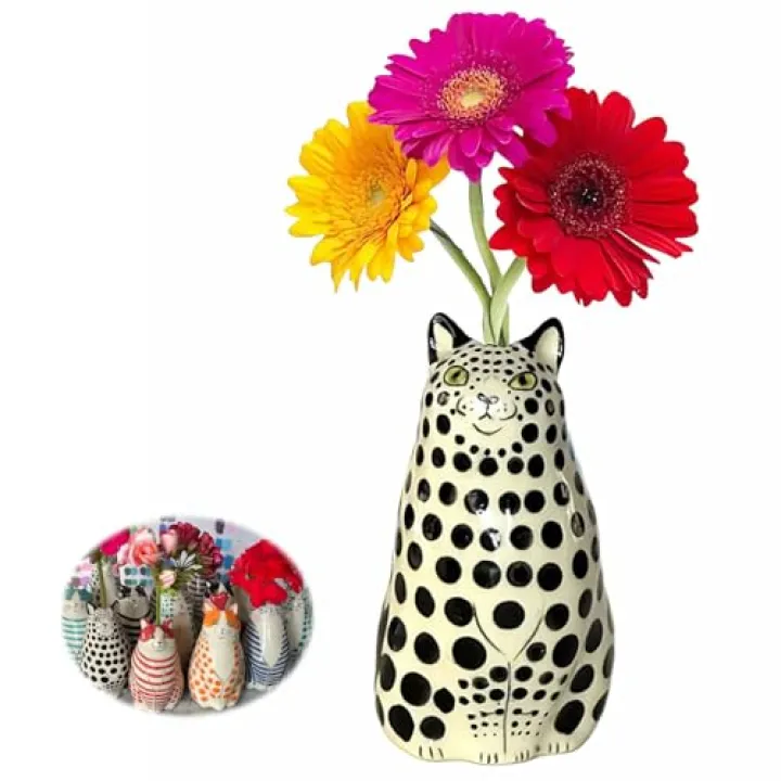 Polka Dot Cat Vase - Cat Lover Gift, Unique Resin Handmade Tiny Cat Vases Adorable Polka Dot Cat Flower Vase Cute Cat Flower Bud Vase for Home Decor, Women Birthday Gift (Black)