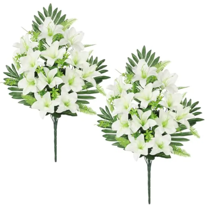 Hollyone Artificial Cemetery Flowers for Grave, Set of 2 Silk White Faux Lily Bouquet Flower Outdoor Graveyard Memorial Flowers for Cemetery Headstones Decoration