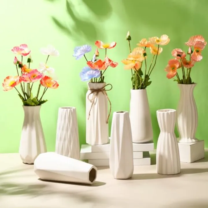 Qinyoung White Ceramic Bud Vase Set of 8, 8'' Small White Flower Vase for Centerpieces, Modern Floral Decor for Wedding Party Dining Table Home Decoration (Various)