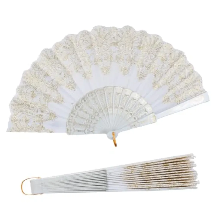 INNOLIFE Spanish Folding Retro Pattern Hand Fan for Women, Handheld Chinese Folding Fan Hand Fan for Party Dancing Wedding and Home Decoration (White)