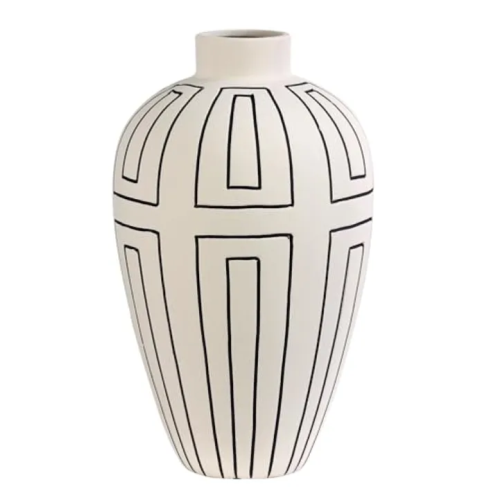 Olly & Rose Nile Cream with Etched Charcoal Lines Ceramic Vase - 20 x 20 x 34.5cm Large Flower Vase Contemporary Home and Table Décor