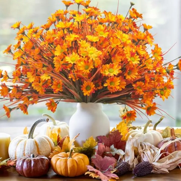Grunyia 10 Bundles Artificial Flowers Outdoor Fake Fall Flowers for Outside Decoration UV Resistant Plastic Faux Plants for Garden Window Porch Balcony Fall Wedding Thanksgiving Decor