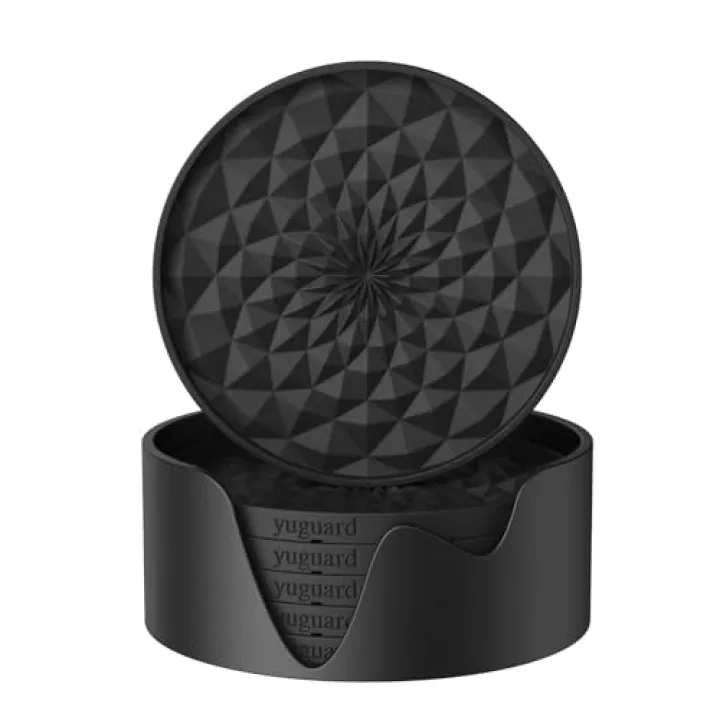 YUGUARD Silicone Coasters [6 Pack] with Holders Drink Coasters, Table Cup Mat, for Hot or Cold Drinks Thickened, Non-Slip, Non-Stick, Deep Tray Black