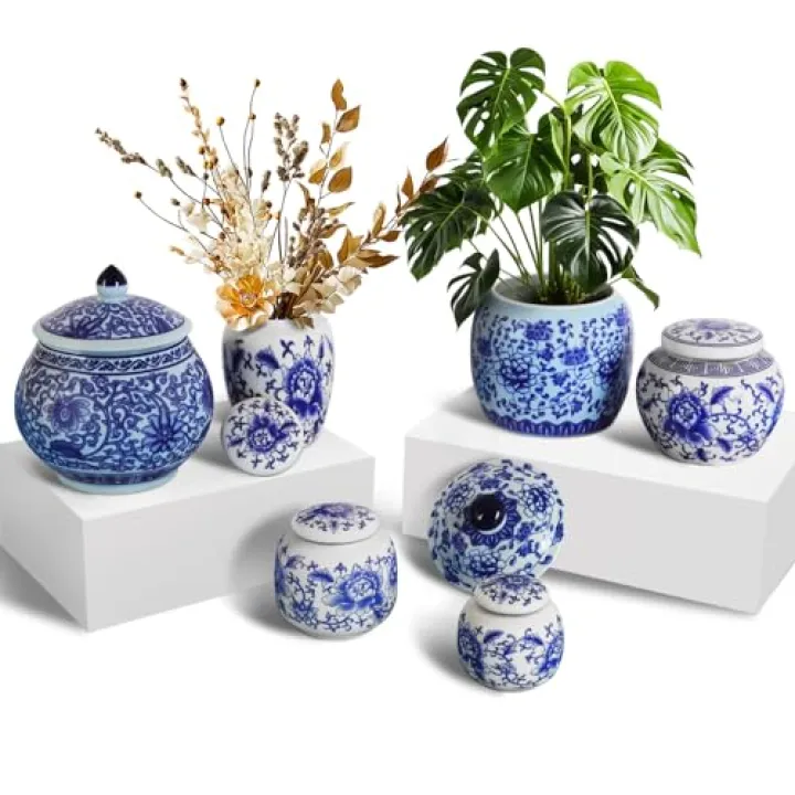 RMERVE Set of 6 Small Blue and White Porcelain Vases Blue Chinoiserie Decor Gifts Ceramic Flower Vases Classic vase for Home Bedroom Table Accent Shelf Tabletop