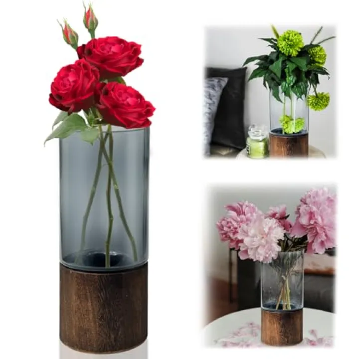 Zansens Bohemian Art Black Wooden Glass Vase 10 Inch Tall Glass Flower Vase Cylindrical Wooden Base Vases Plant Vases Minimalist Birthday Party Decoration Wedding Kitchen Office Decoration