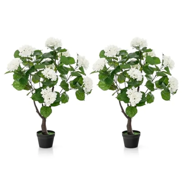 Goplus Artificial Hydrangea Tree, 2 Pack Fake Floral Plant w/11 White Flowers & Realistic Trunk in Plastic Nursery Pot, Indoor Silk Flower Tree for Home Office Living Room Housewarming Gift