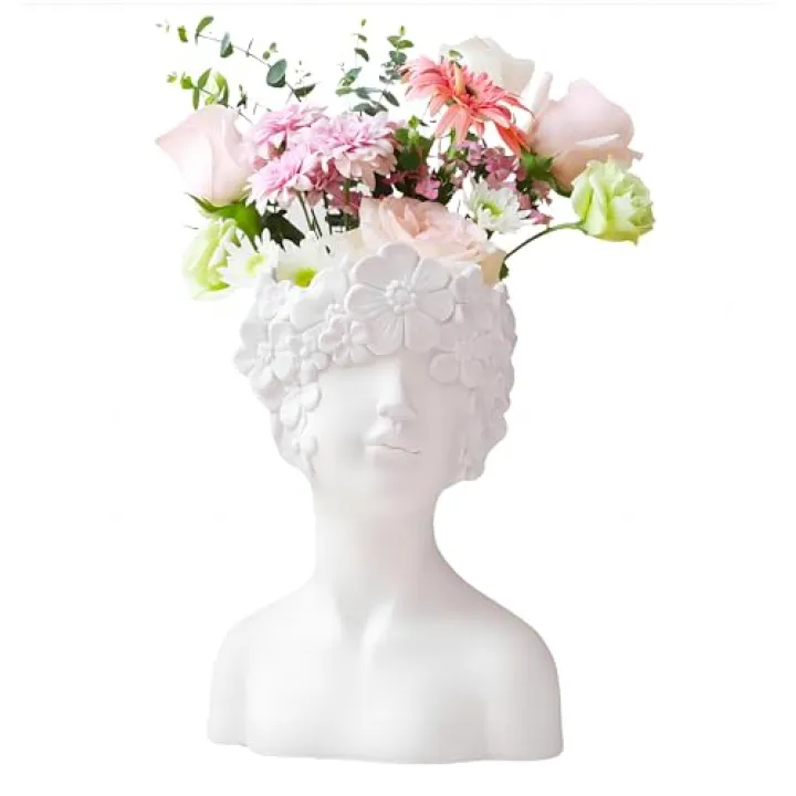 White Flower Vase,Face Vase Bust Head Shaped Ceramics Statue,Suitable for Birthday Gifts Home Office Decoration (Charming vase)