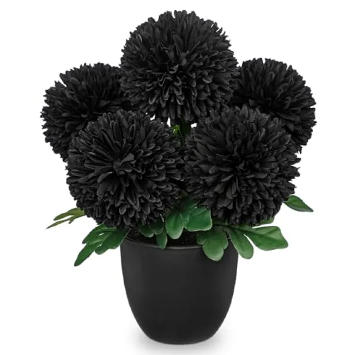 Briful Black Artificial Mums – Realistic Silk Fall Chrysanthemums in Black Pot, Faux Potted Flowers for Home, Table Centerpiece, Porch, Indoor & Outdoor Autumn Décor