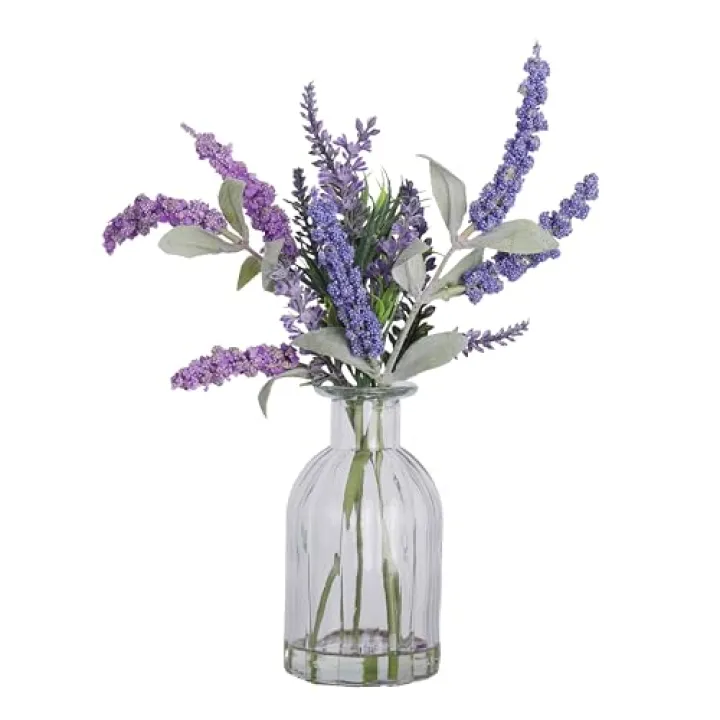 Abzo Fake Flowers- Artificial Lavender Plants in Glass Vase with Faux Water,Faux Silk Flowers Fake Plant Decor for Home Office, Bathroom Farmhouse Kitchen Dining Table Decor