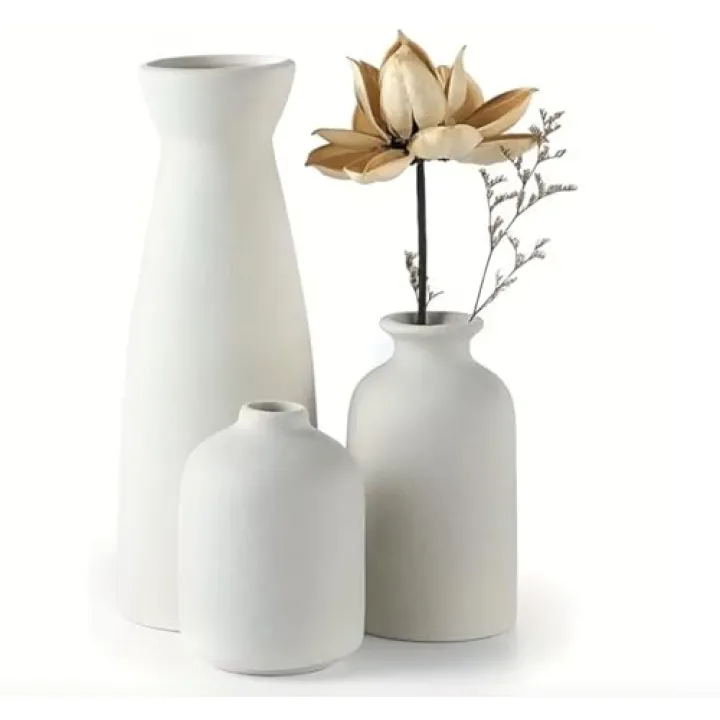 Ceramic Flower Vase Set of 3 for Home Decor, Stain Resistant, Living Room, Dining Room, Bedroom, Kitchen, Bathroom (White)
