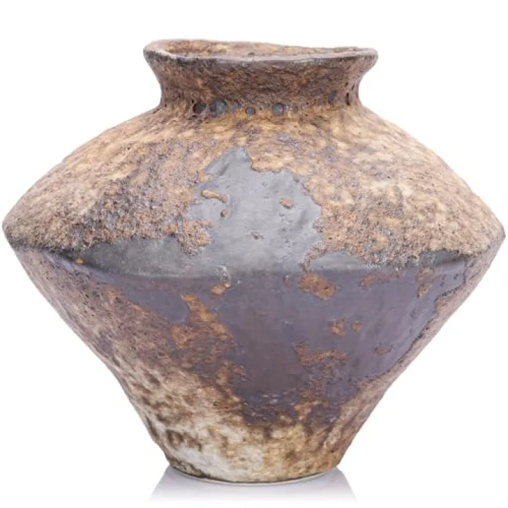 Small Stone Vase for Rustic Home Decor, Farmhouse Antique Pottery Vase Furniture&Table Flower Decorative, Round Terracotta Vases for Living Room Decor, Modern Rustic Concrete Clay Art Vases