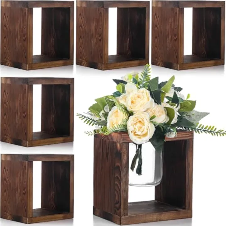 GlikCeil 6 Pack Wooden Boxes for Centerpieces Wood Cube Planter Box Rustic Wood Square Vase Holder for Centerpieces Home Wedding Garden Decor