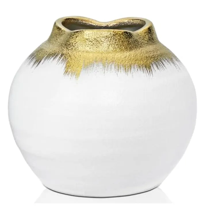 GnFlus Ceramic Flower Vase, Boho Vase with Unique Textures, Pottery Decorative Flower Vase for Home Decor, Table, Living Room Decoration, Shelf Decor Gold/White
