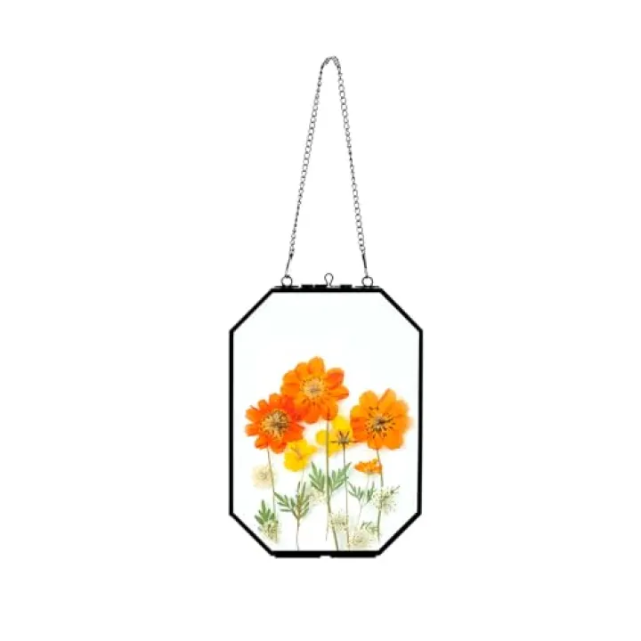 AihuaAili 5" x 7" Pressed Flower Frames, Glass Floating Frame with Chain for Artwork Photo, Picture, Pressed Dried Flowers, Plant Specimen, Vintage Wall Decor, Black, Handmade (Glass Frame Only)