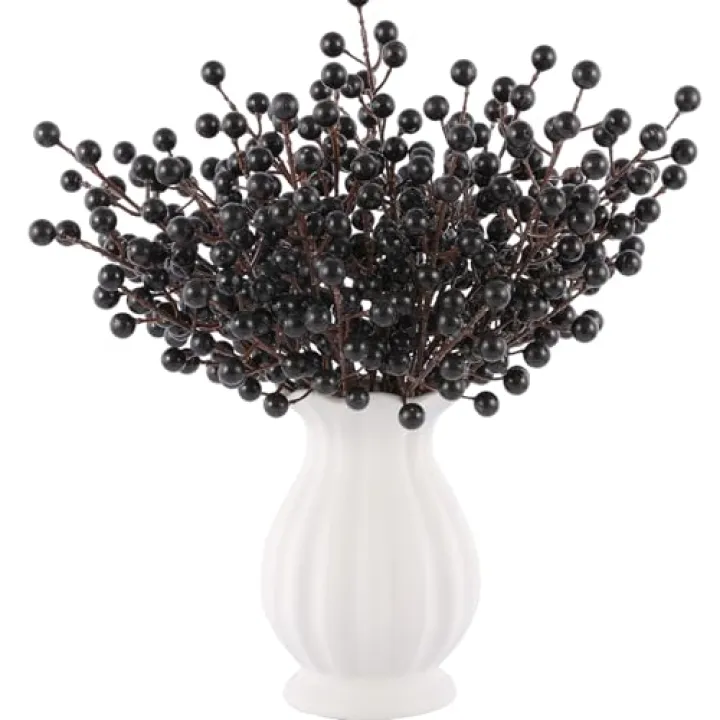 Rowfad 40 Pcs Artificial Berry Stems Branches, Halloween Black Faux Holly Berries Picks Ornaments for Christmas Tree Wreath DIY Craft Decorations Holiday Home Decor (40, Black)