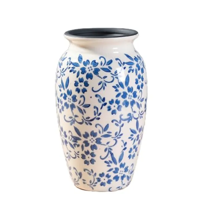 YUSHUIHOME Blue and White Vase - Vintage Rustic Ice Crackle Chinese Style Porcelain Decorative Living Room Table Center Decoration (Model E)