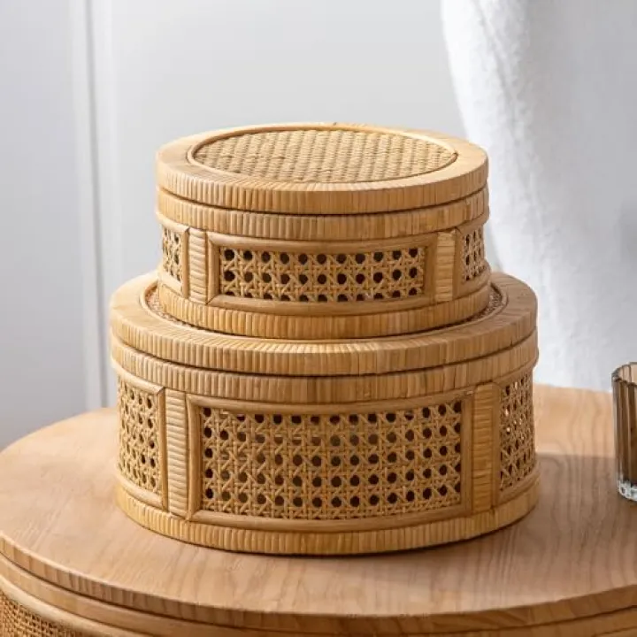 HuiDao Rattan Decorative Box, Boho Display Boxes with Lids, Set of 2 Rectangular Wicker Storage Basket, Natural Woven Cane Bins for Home Decor (Round)