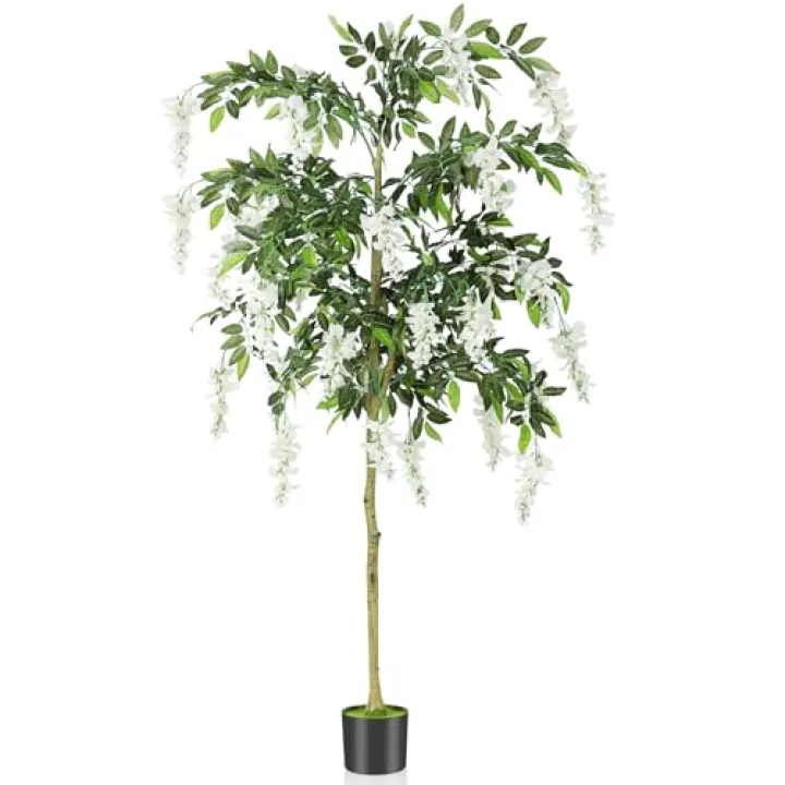 SHINOSKE Artificial Tree,6FT Tall Fake Wisteria Tree with Flowers and Wood Trunk,Blooming Fake Floor Plant in Pot for Indoor Outdoor Living Room Office Wedding Home Decor