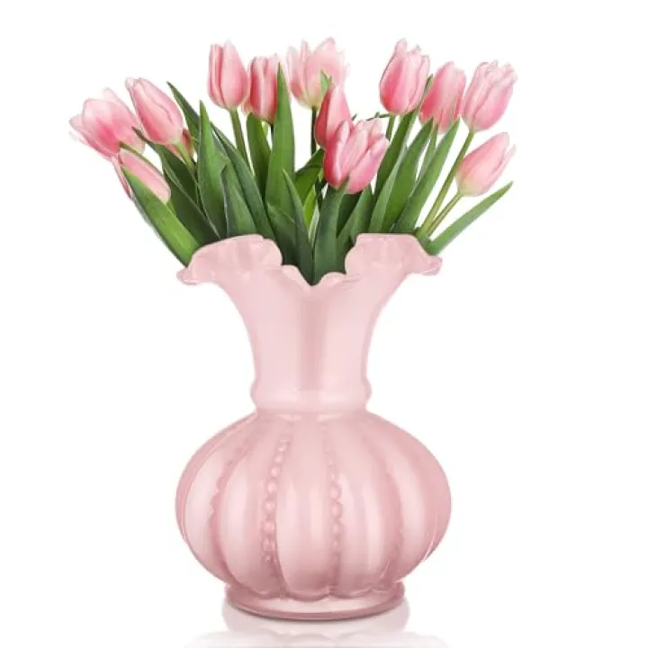 Joeyan Handmade Pink Glass Flower Vase,7.9" Vintage Decorative Urn Vase for Centrepieces Bouquet Wedding,Colored Thickened Pedestal Decorations for Rustic Home Living Room Office Farmhouse