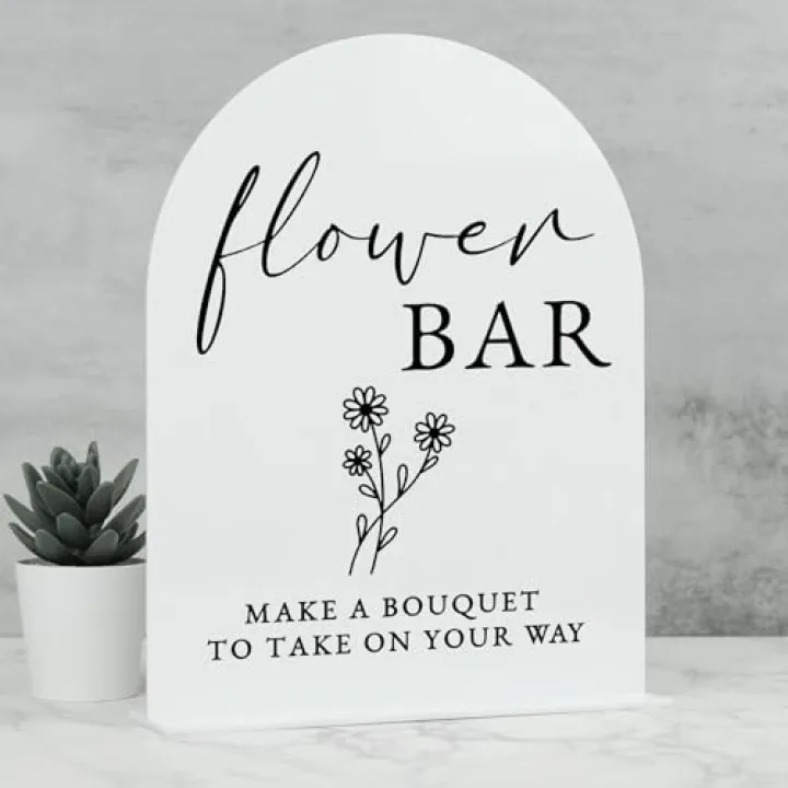 Acrylic Flower Bar Sign- 8"x10" White Arch Acrylic Table Sign and Base,1/8" Thick | Modern Calligraphy Arched Flower Bar Sign for Bridal Shower & Party (White, 8x10 Inch)