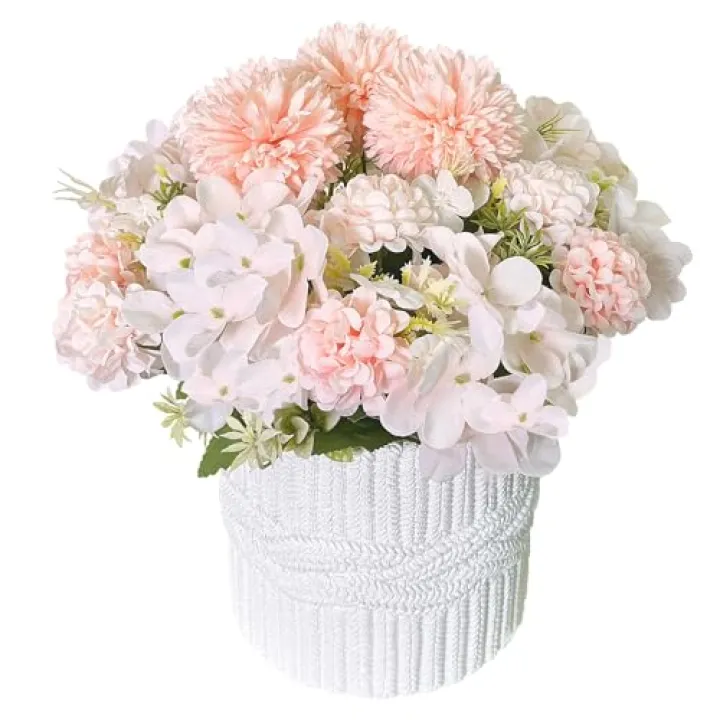 CANCLEAR Artificial Flower Arrangements with Polyresin Vase 11’’ Height, Champagne Silk Hydrangea Flower Combination in White Plant Pot Table Centerpieces for Home Decoration