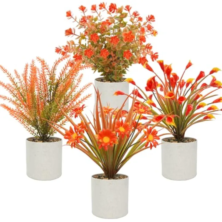 Caxchiling 4 Pcs Small Potted Artificial Plants 10inch Fake Fall Plants in Pots Mini Faux Fall Flowers with Pots for Indoor Home Bathroom Bedroom Office Shelf Tabletop Fall Decor