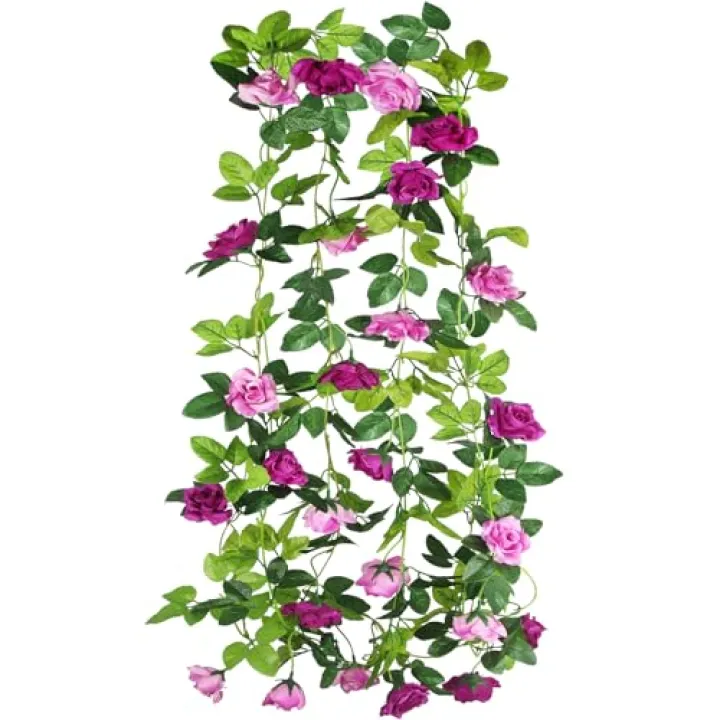 ACRYCS 2 Pcs Artificial Rose Vines Flowers Garland Hanging Outdoors Silk Rose Vine 15.8ft Silk Flowers Rose Ivy Vines Flower Garland for Backdrop Bedroom Wedding Arch Decor Wall Party Home Fuchsia
