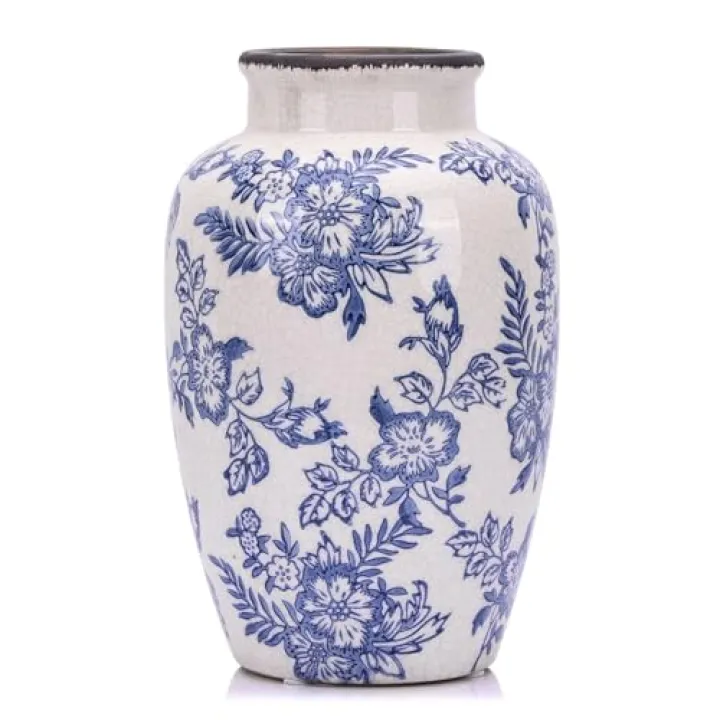 Chinoiserie Vase - 10.6" Tall Chinoiserie Decor Ice Crackle Vintage Blue and White Floral Vase, Farmhouse Country Home Decor, Living Room, Dining Table, Fireplace and Entryway Decor Centerpieces