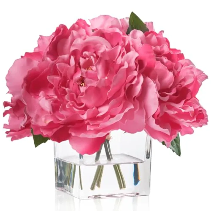 Artificial Peonies Flowers Arrangements in Cube Glass Vase, WELLKNOWN Silk Flower Centerpieces for Dining Room Table, Coffee Table Decor, Faux Peony Flowers with Faux Water (Fuchsia)