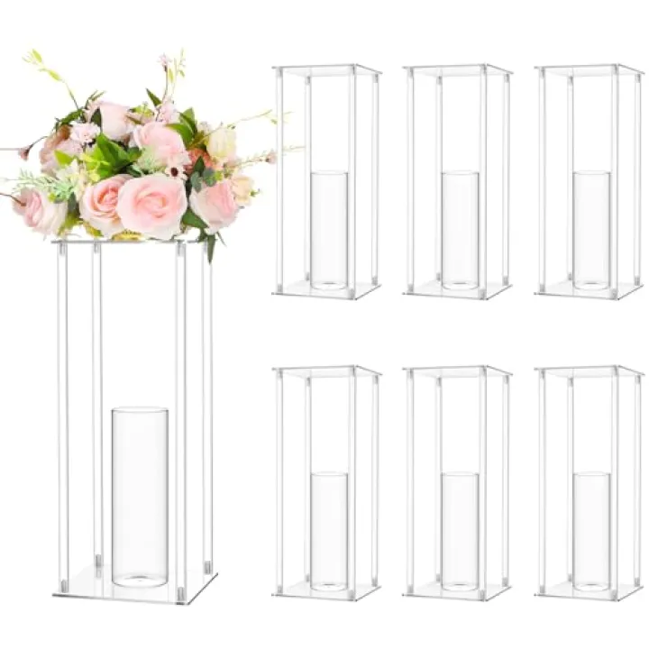 Sieral 6 Sets 20''Tall Clear Acrylic Flower Vase Wedding Centerpieces Flowers Stand with Glass Candle Holders Cylinder Vases, Transparent Flower Vases for Table Centerpiece Wedding Home (Large)