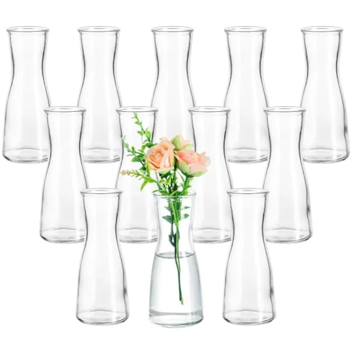 Hewory Glass Bud Vases for Centerpieces - Clear Small Flower Vase Set of 12, Modern Minimalist Cute Mini Decorative Bulk Vases for Wedding Bridal Shower Birthday Party Events Dining Room Table Decor