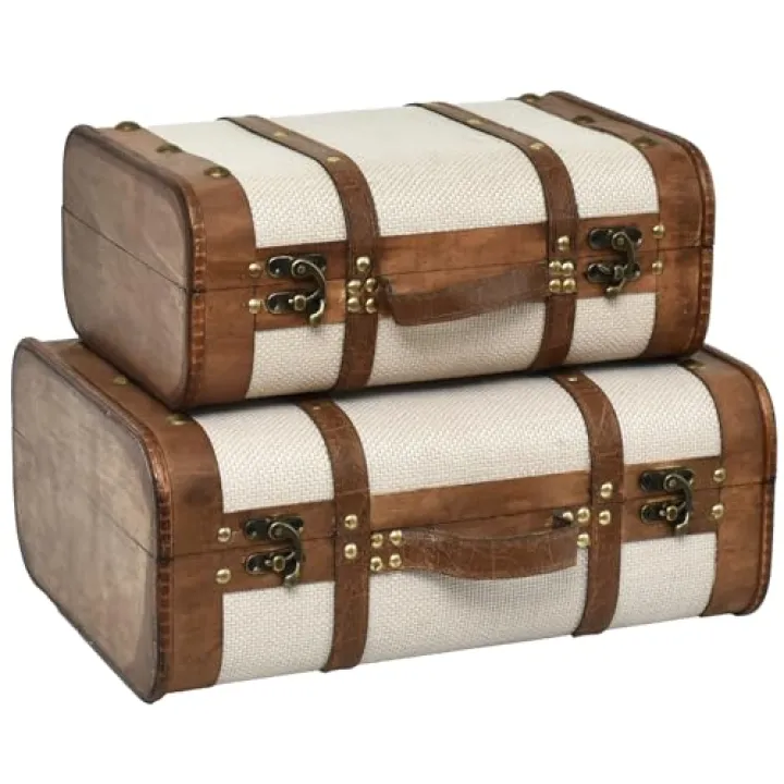 DECOR4SEASON Wooden Vintage Suitcases Set - 2 Sizes, Antique Decorative Storage Chests with Lids, Retro Travel Trunks for Home Décor, Beige